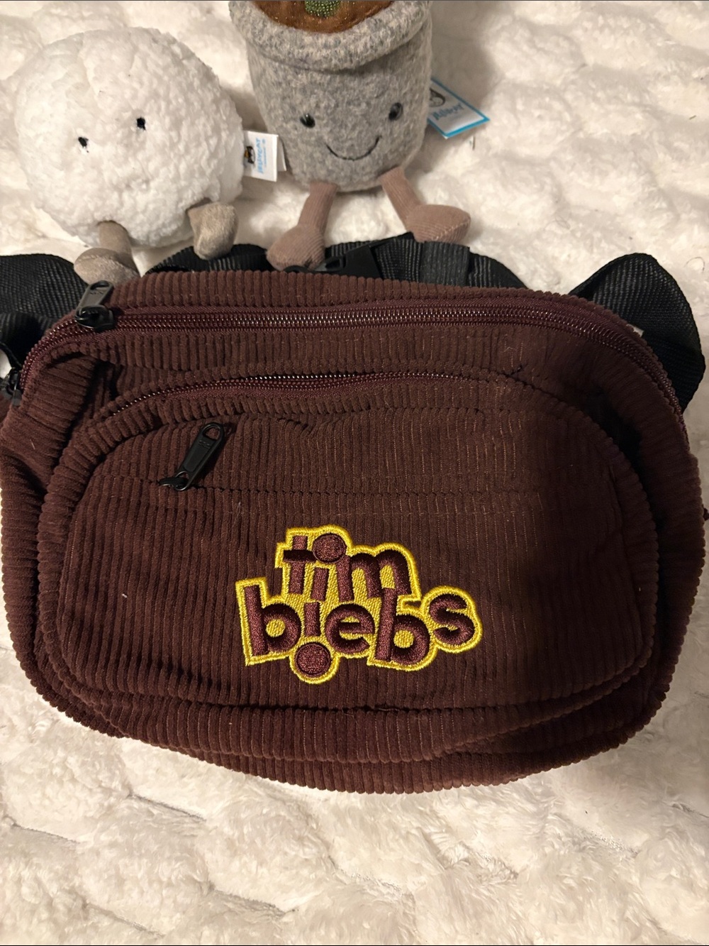 Timbiebs Brown Corduroy Waist Bag with Embroidered Logo